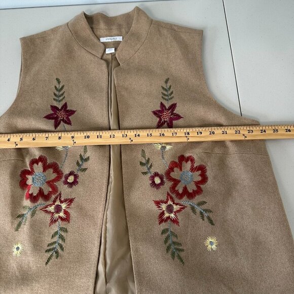 Dress Barn Vest Tan Floral Embroidered Wool Blend Lined Open Size 18W - Picture 10 of 12